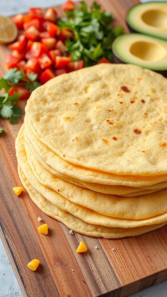 Freshly made corn tortillas stacked on a cutting board with toppings in the background.